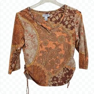Caribbean Joe Brown Orange Paisley Bohemian Top With Gathered Side Ties Sz Lg